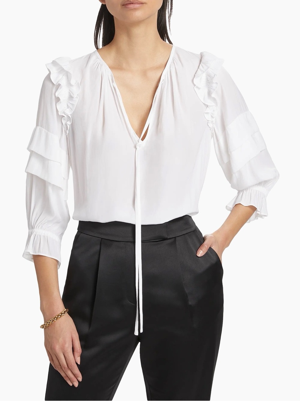 Ramy Brook Samira White Ruffle Tie Neck Blouse Estimated Medium - Picture 10 of 12